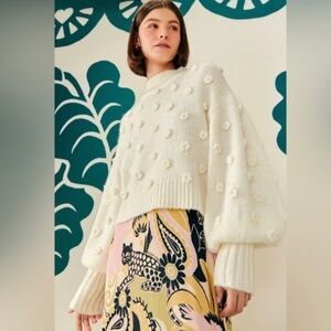 FARM Rio Embellished Flowers Balloon Sleeve Mock Neck Sweater Size Smalll